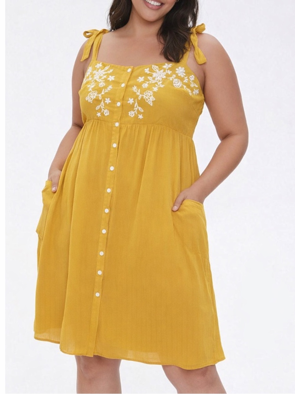 Forever 21 plus Mustard Yellow Embroidered Tie-Shoulder Sundress